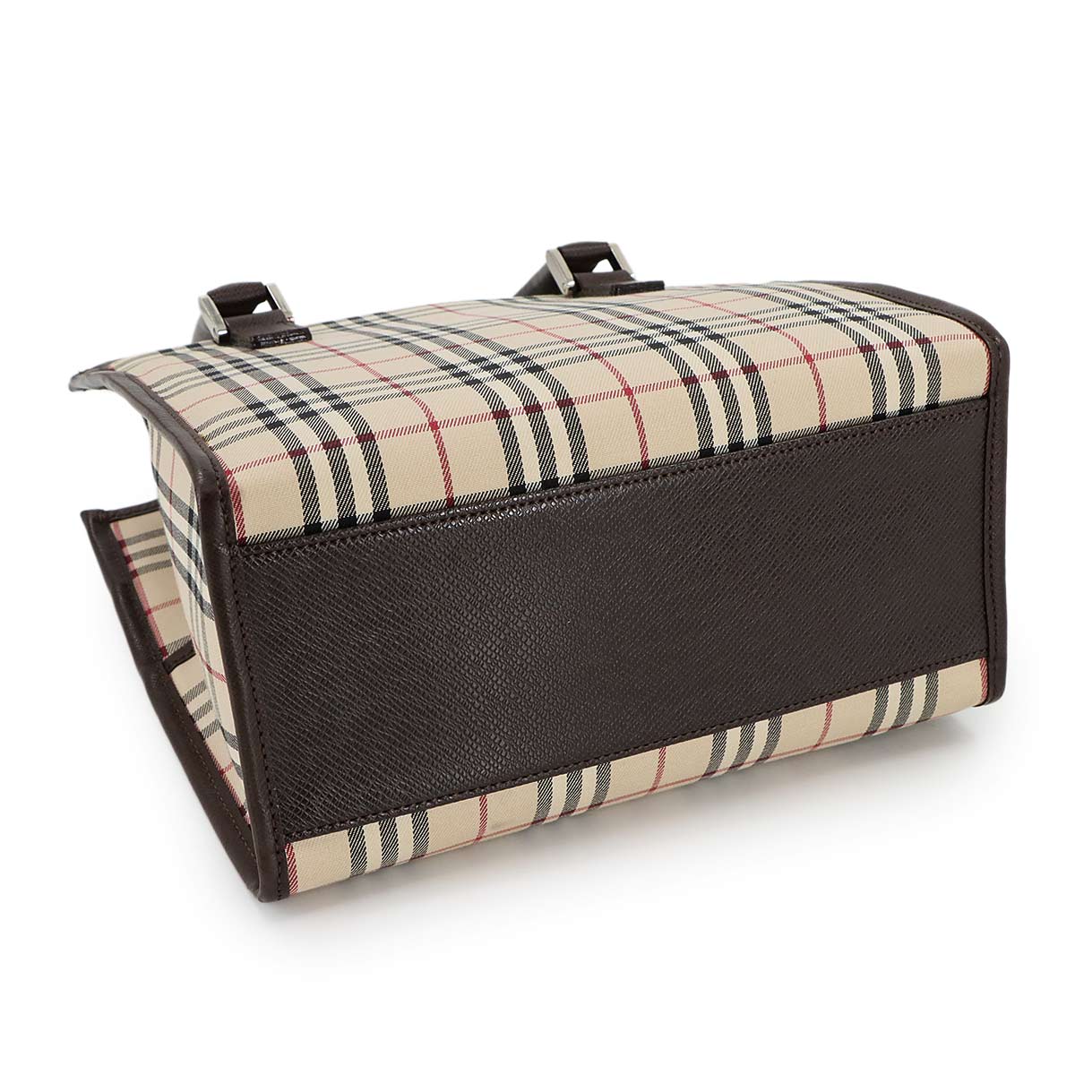 Plaid Hand Bag Canvas Leather Beige Brown Purse