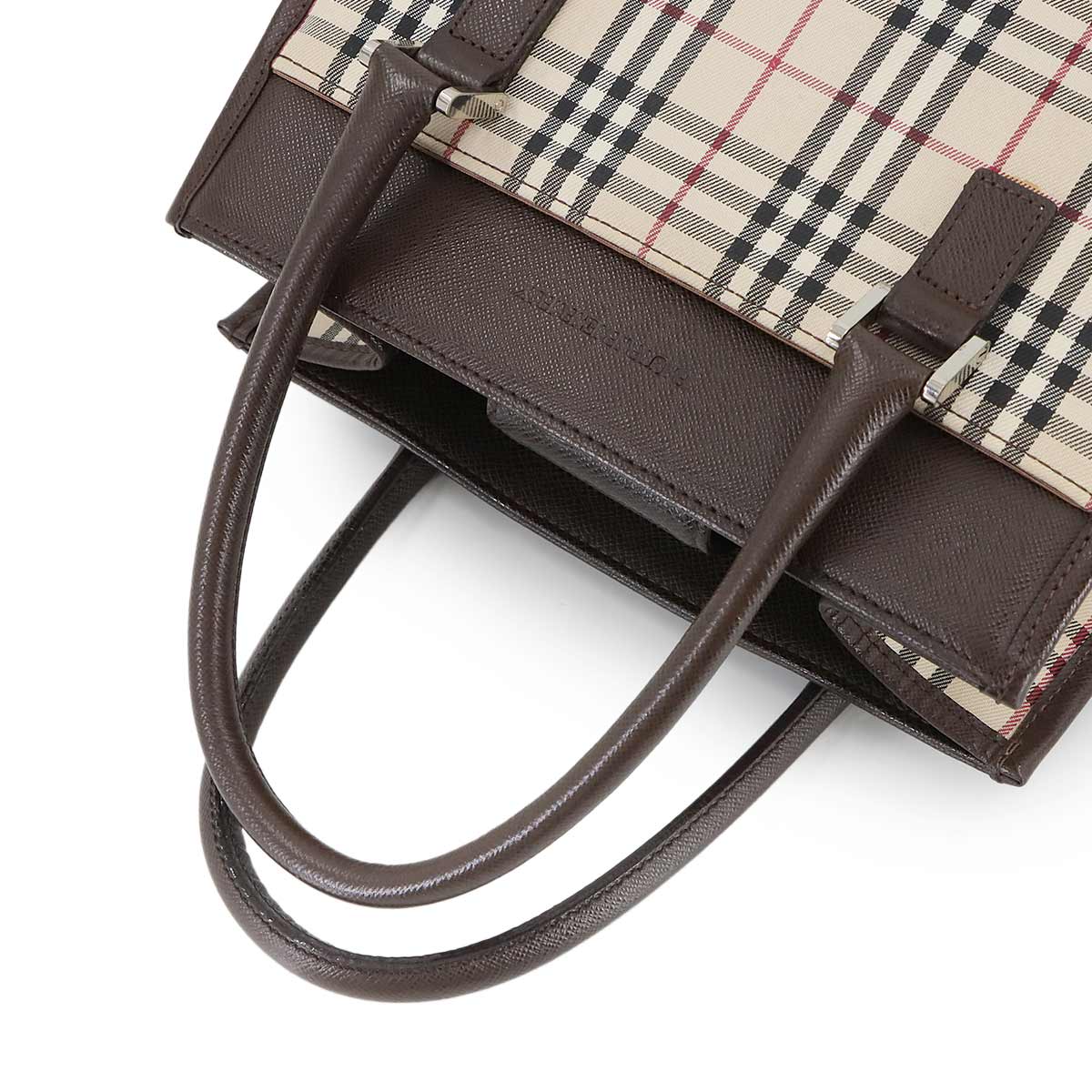 Plaid Hand Bag Canvas Leather Beige Brown Purse