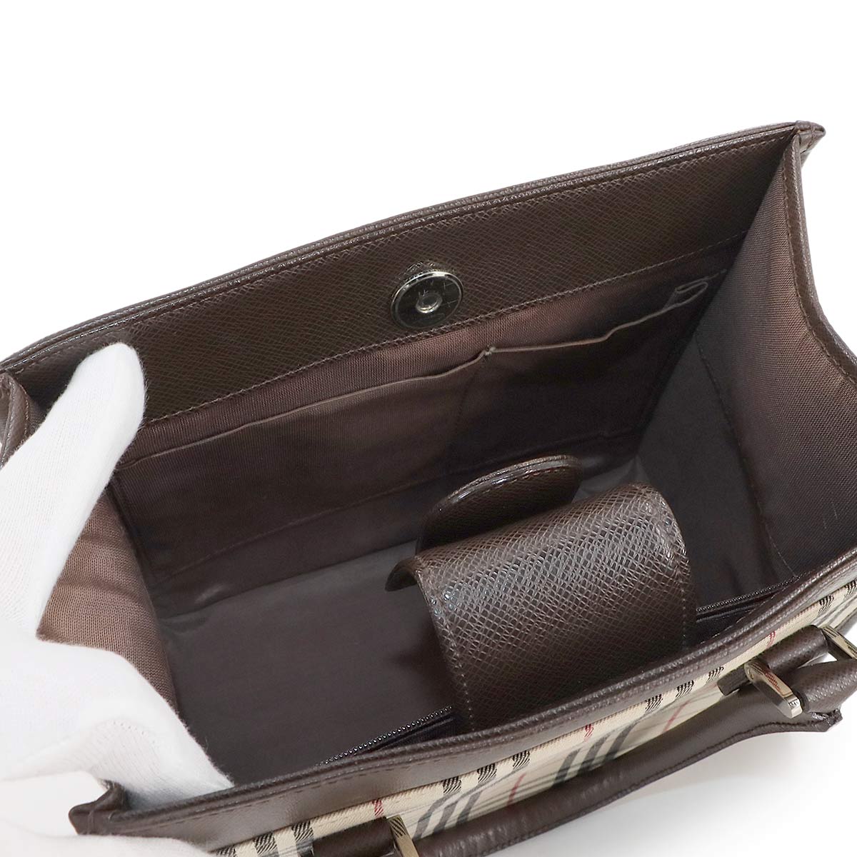 Plaid Hand Bag Canvas Leather Beige Brown Purse