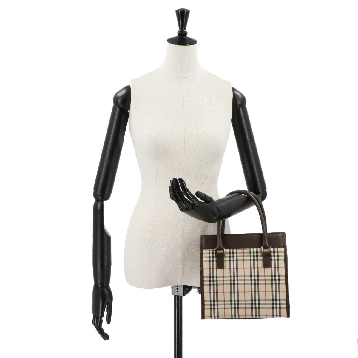 Plaid Hand Bag Canvas Leather Beige Brown Purse