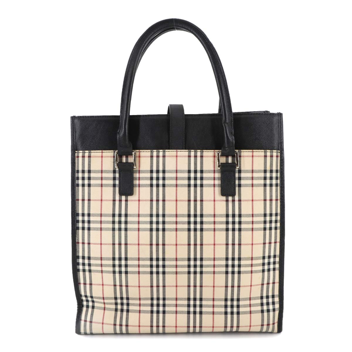 Plaid Hand Bag Canvas Leather Beige Black Purse