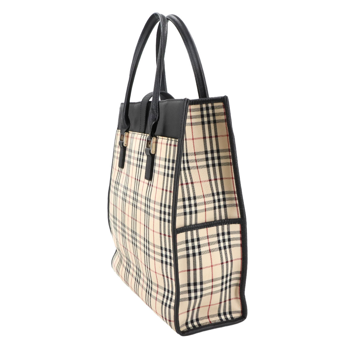 Plaid Hand Bag Canvas Leather Beige Black Purse