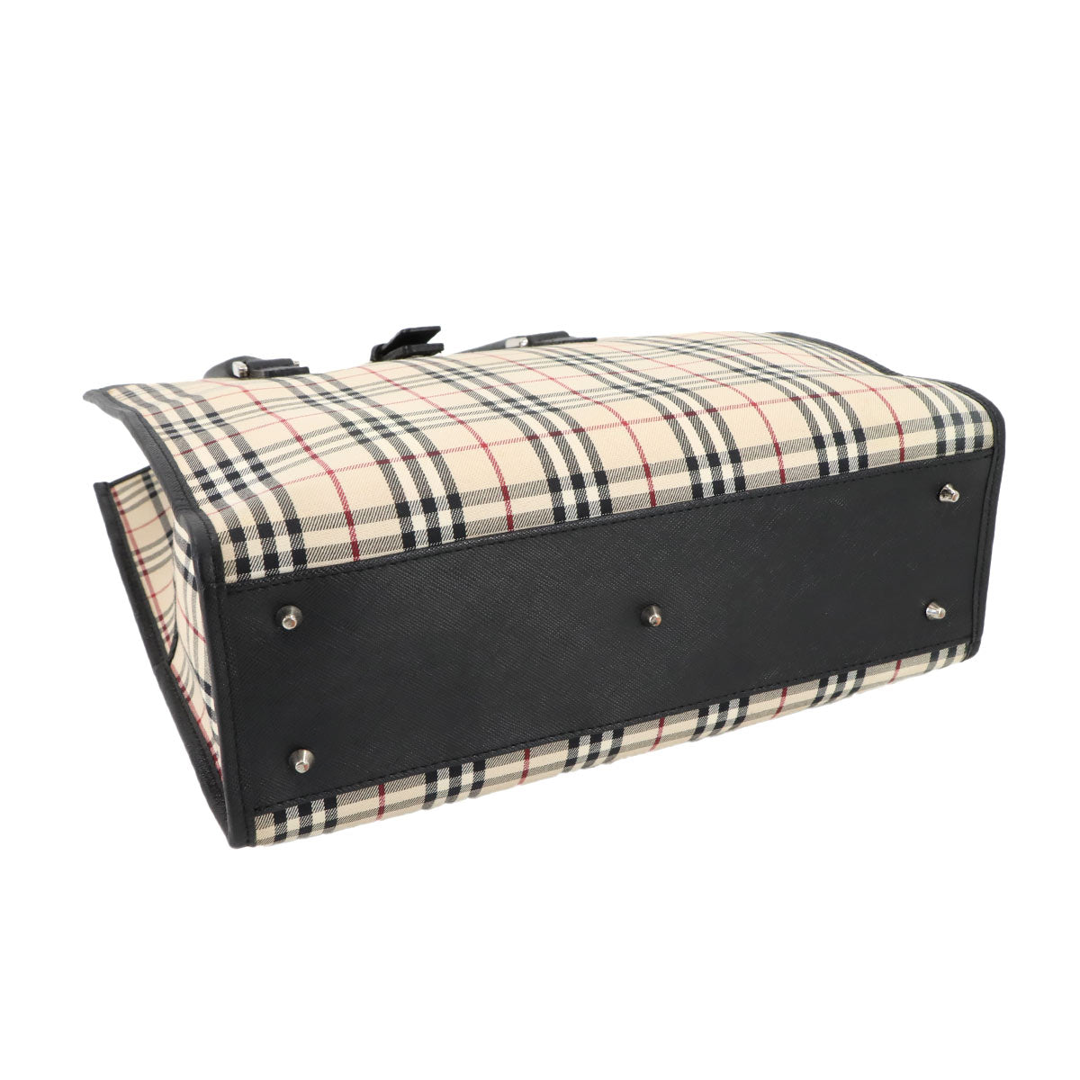 Plaid Hand Bag Canvas Leather Beige Black Purse