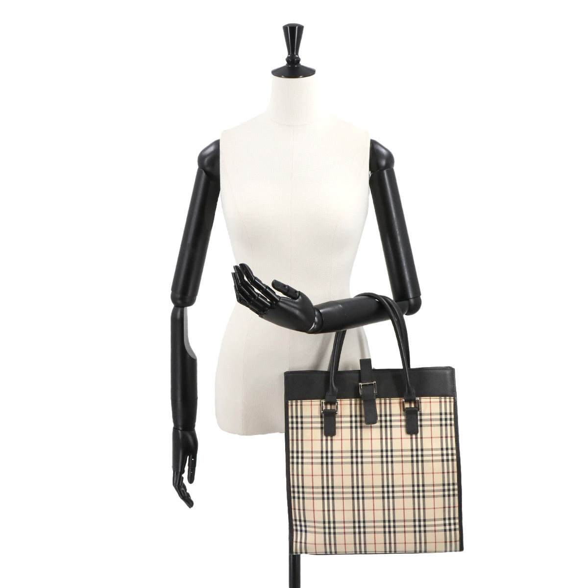 Plaid Hand Bag Canvas Leather Beige Black Purse