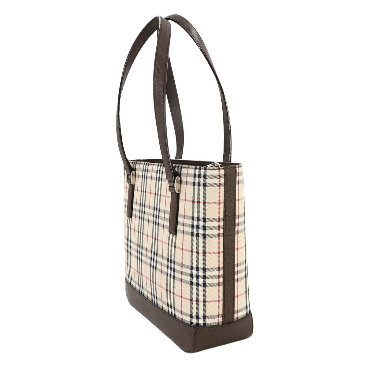 Plaid Hand Bag Canvas Leather Beige Brown Purse