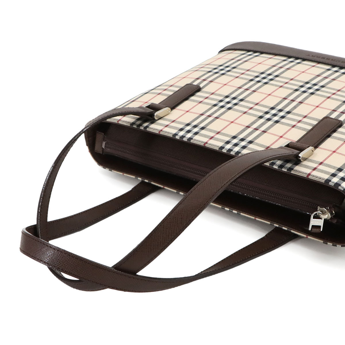 Plaid Hand Bag Canvas Leather Beige Brown Purse