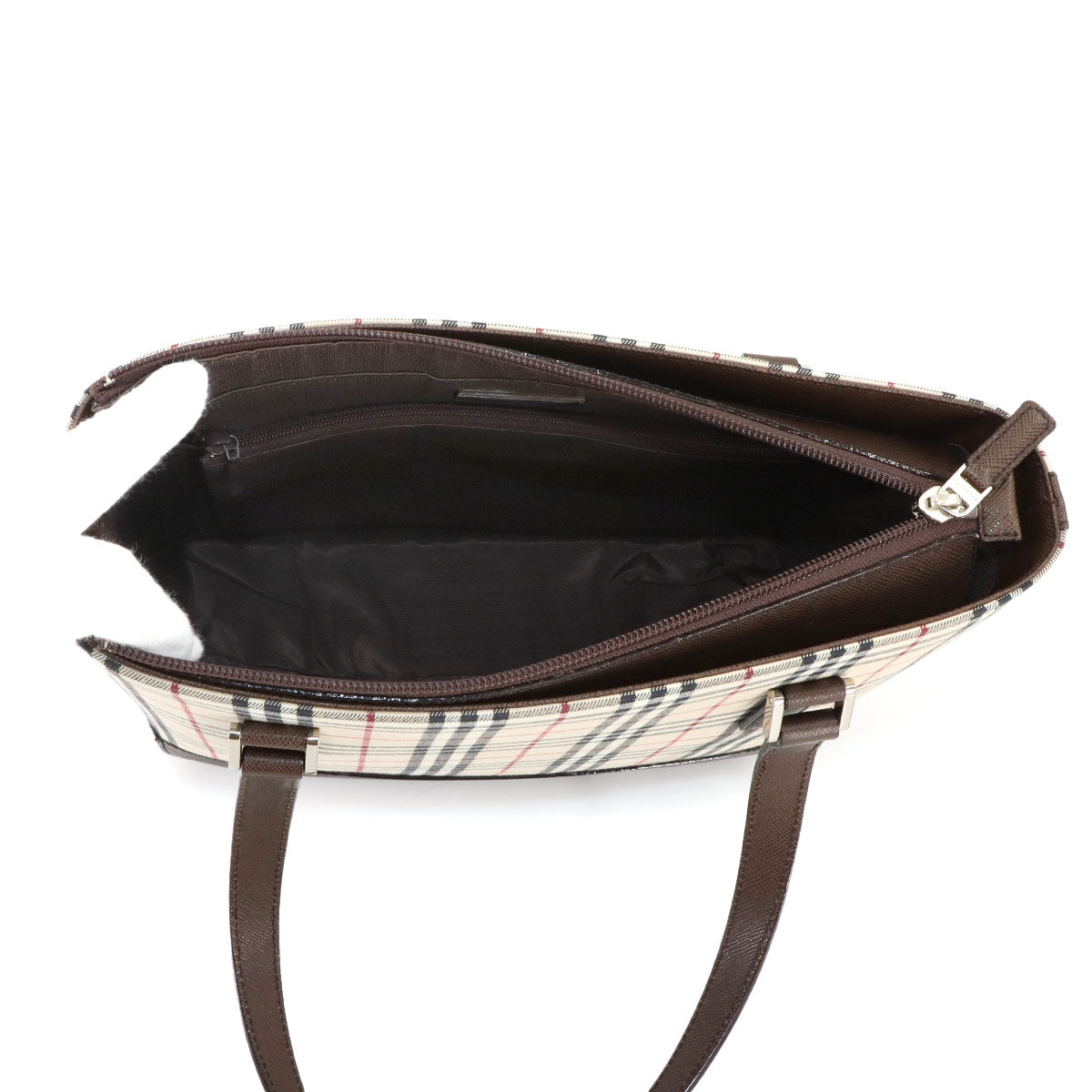Plaid Hand Bag Canvas Leather Beige Brown Purse