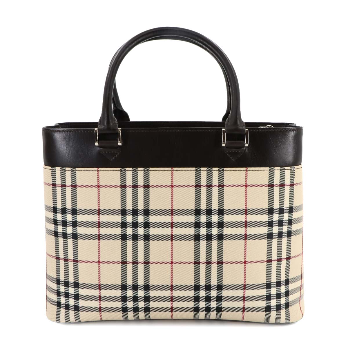 Plaid Hand Bag Canvas Leather Beige Brown Purse