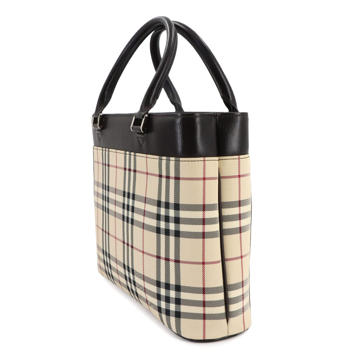 Plaid Hand Bag Canvas Leather Beige Brown Purse
