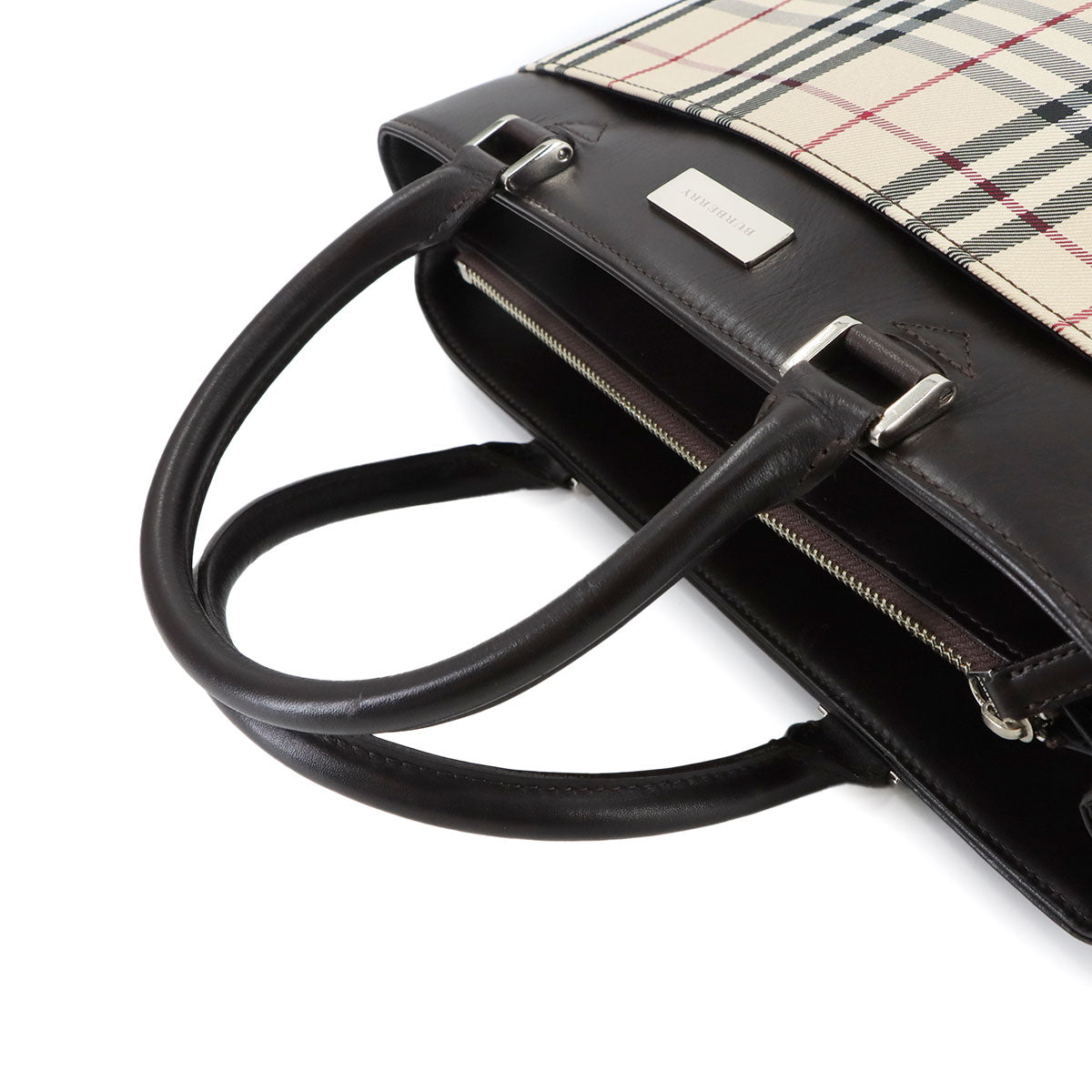 Plaid Hand Bag Canvas Leather Beige Brown Purse