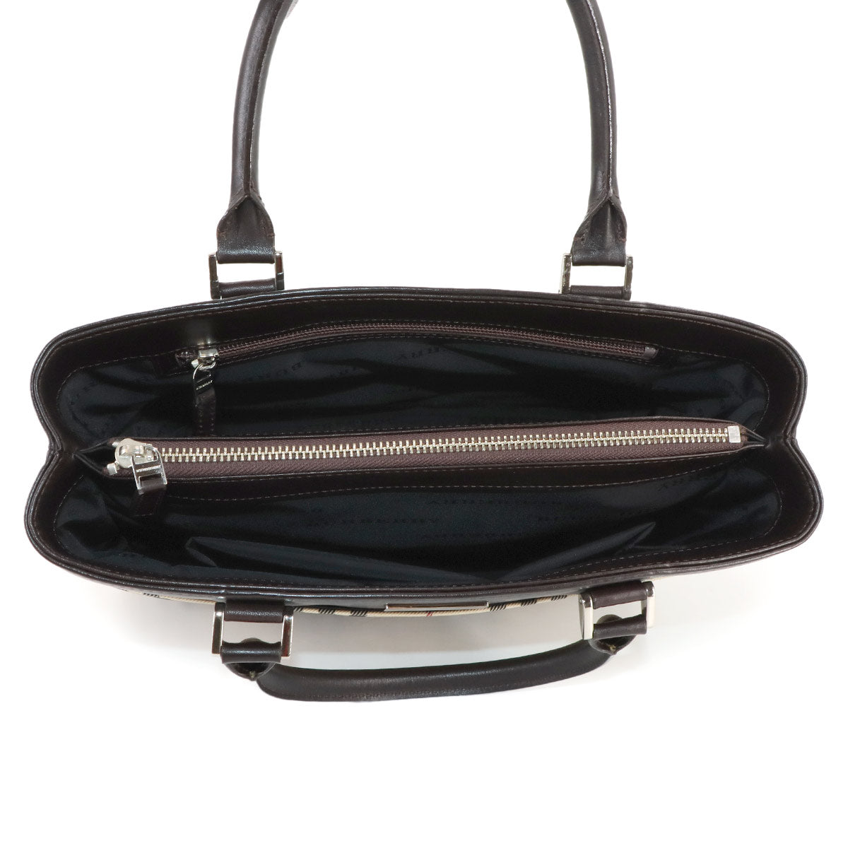 Plaid Hand Bag Canvas Leather Beige Brown Purse