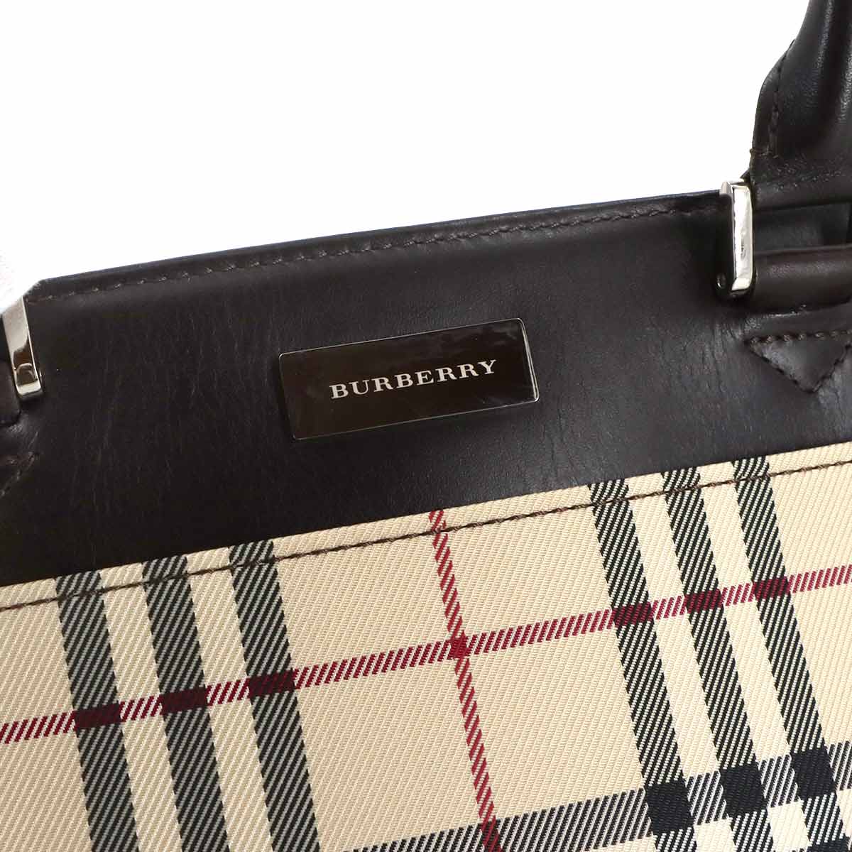 Plaid Hand Bag Canvas Leather Beige Brown Purse