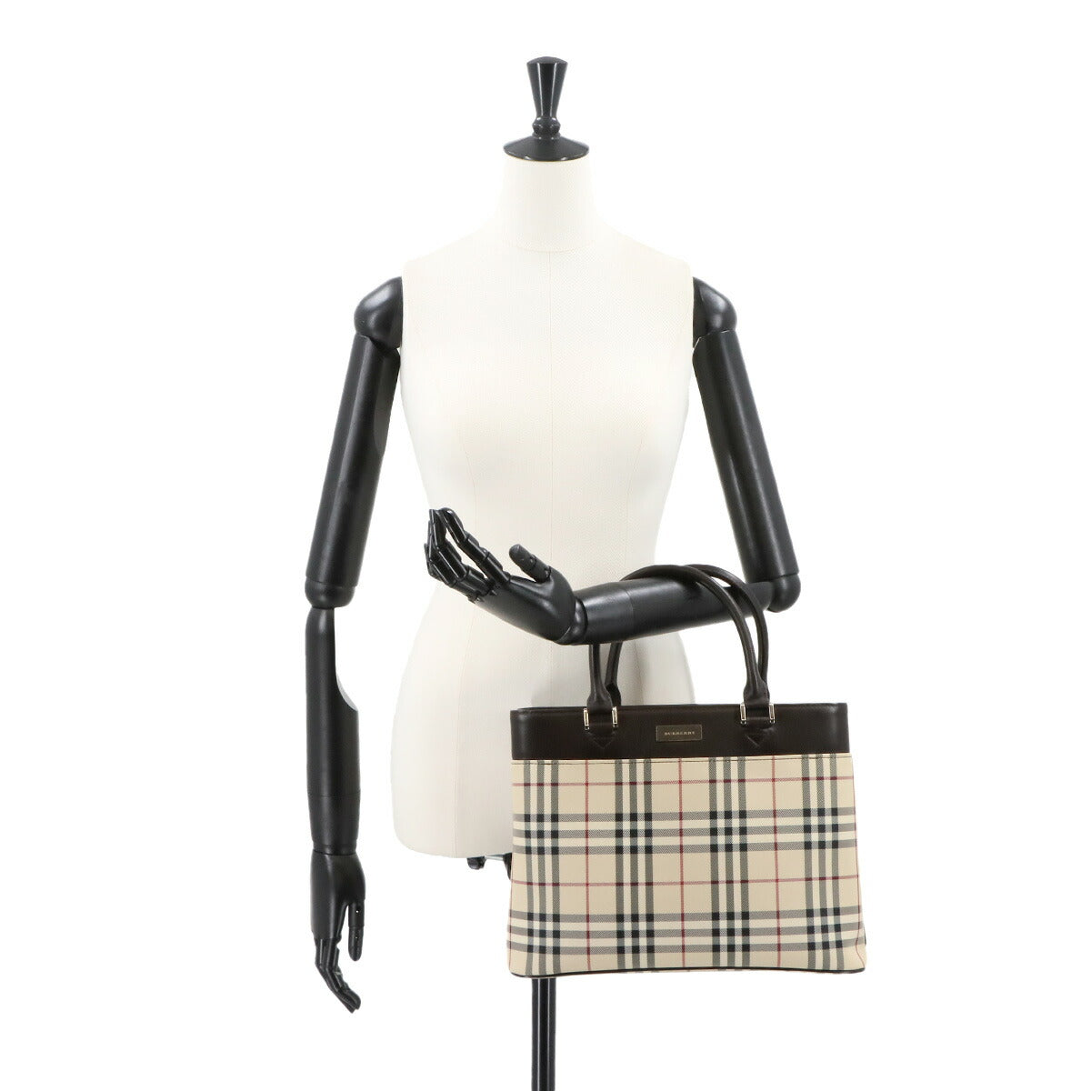 Plaid Hand Bag Canvas Leather Beige Brown Purse
