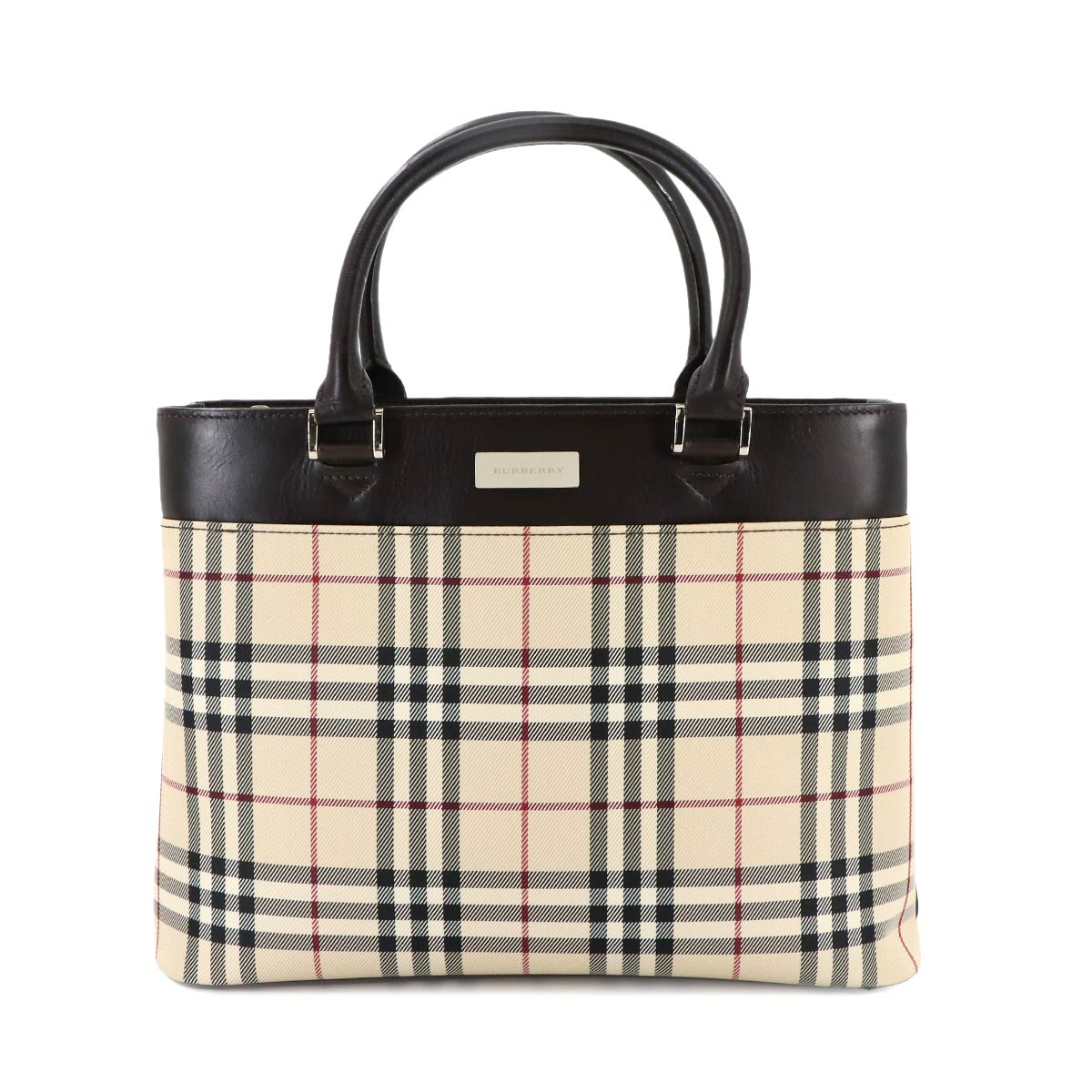 Plaid Hand Bag Canvas Leather Beige Brown Purse