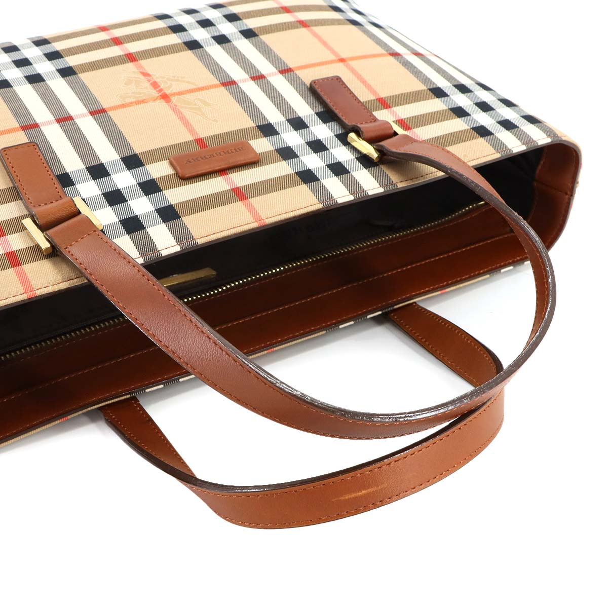 Plaid Hand Bag Canvas Leather Beige Brown Haymarket check