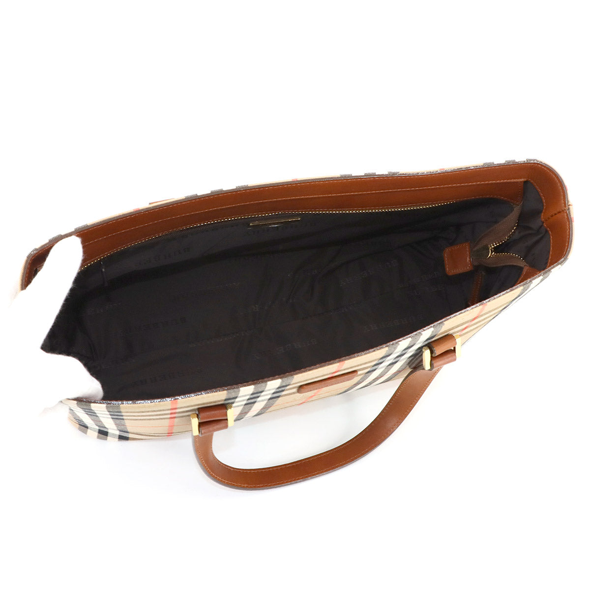 Plaid Hand Bag Canvas Leather Beige Brown Haymarket check