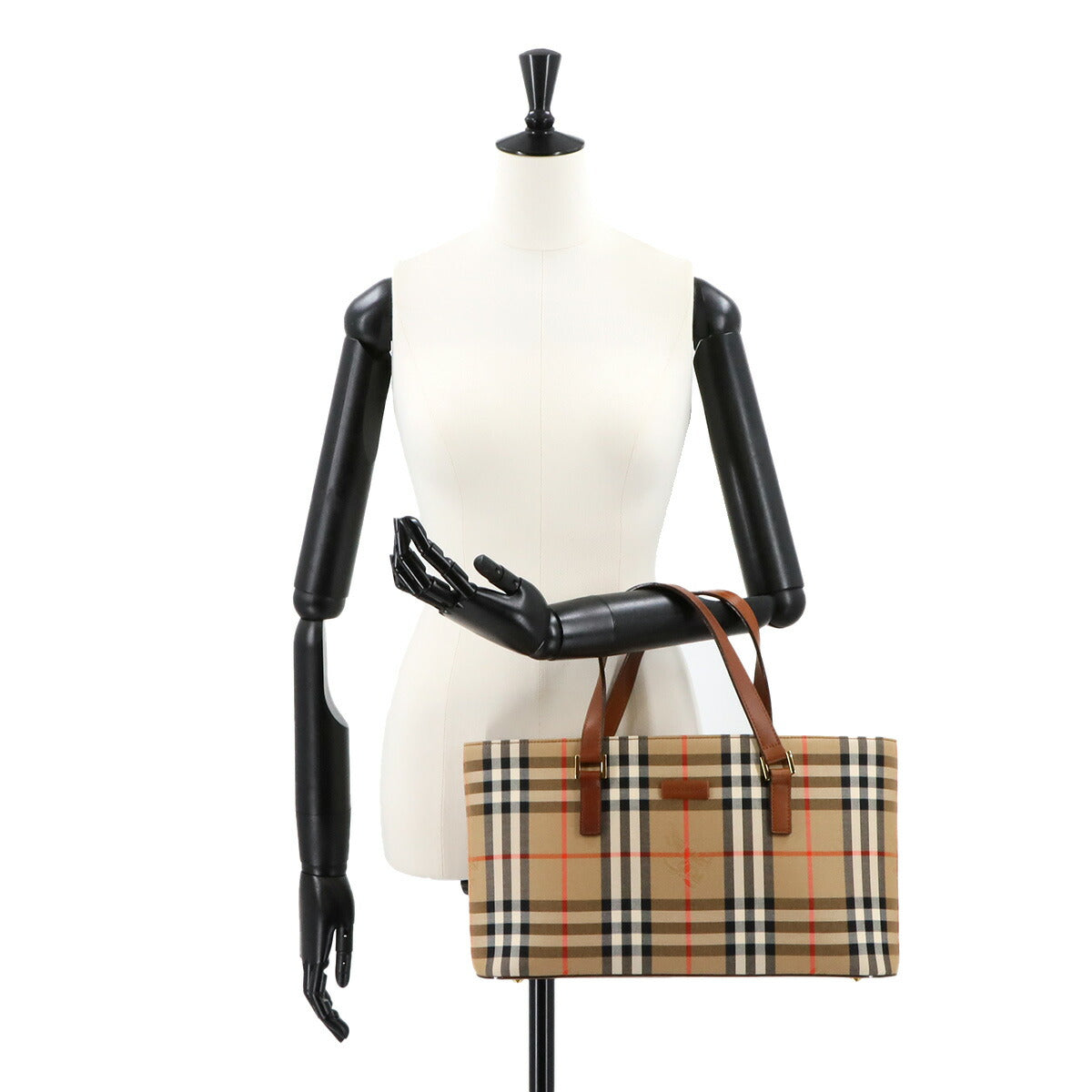 Plaid Hand Bag Canvas Leather Beige Brown Haymarket check