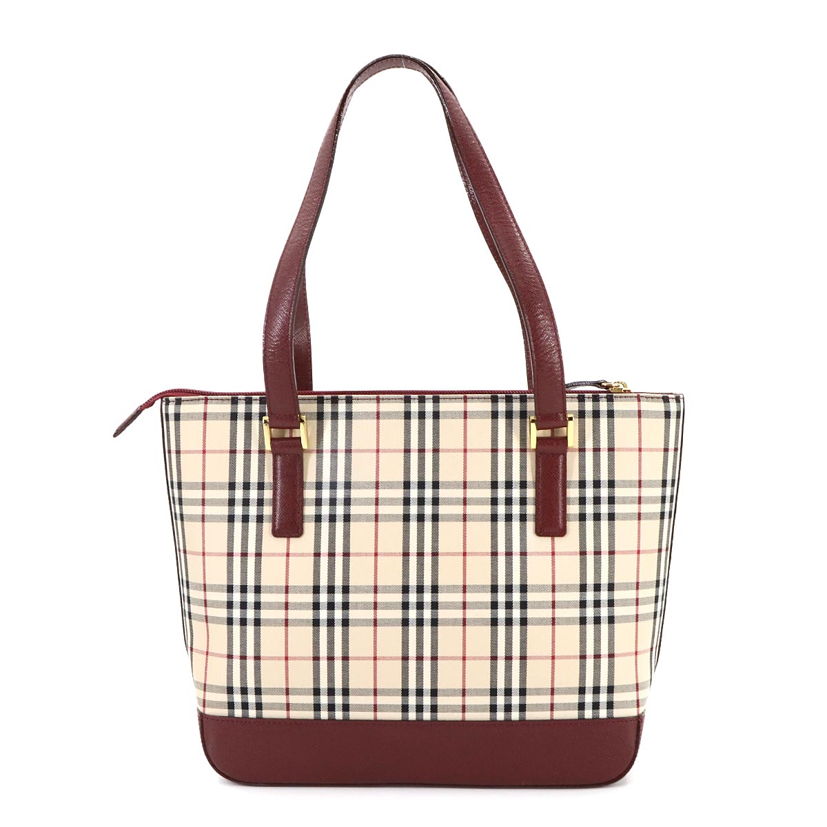 Plaid Hand Bag Canvas Leather Beige Red Purse