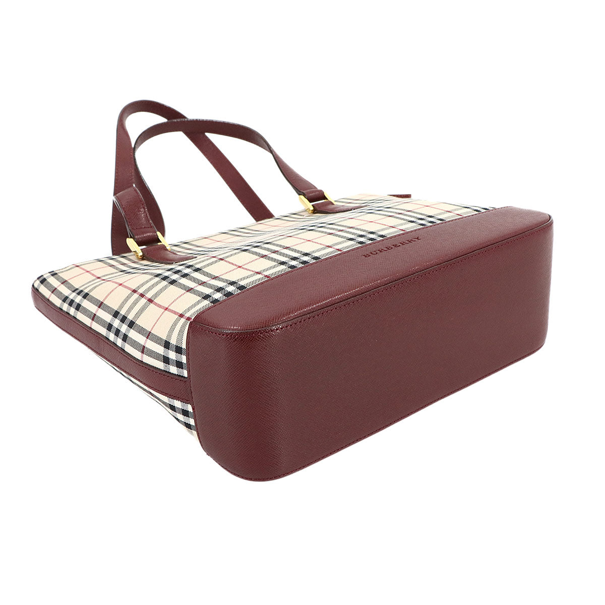 Plaid Hand Bag Canvas Leather Beige Red Purse