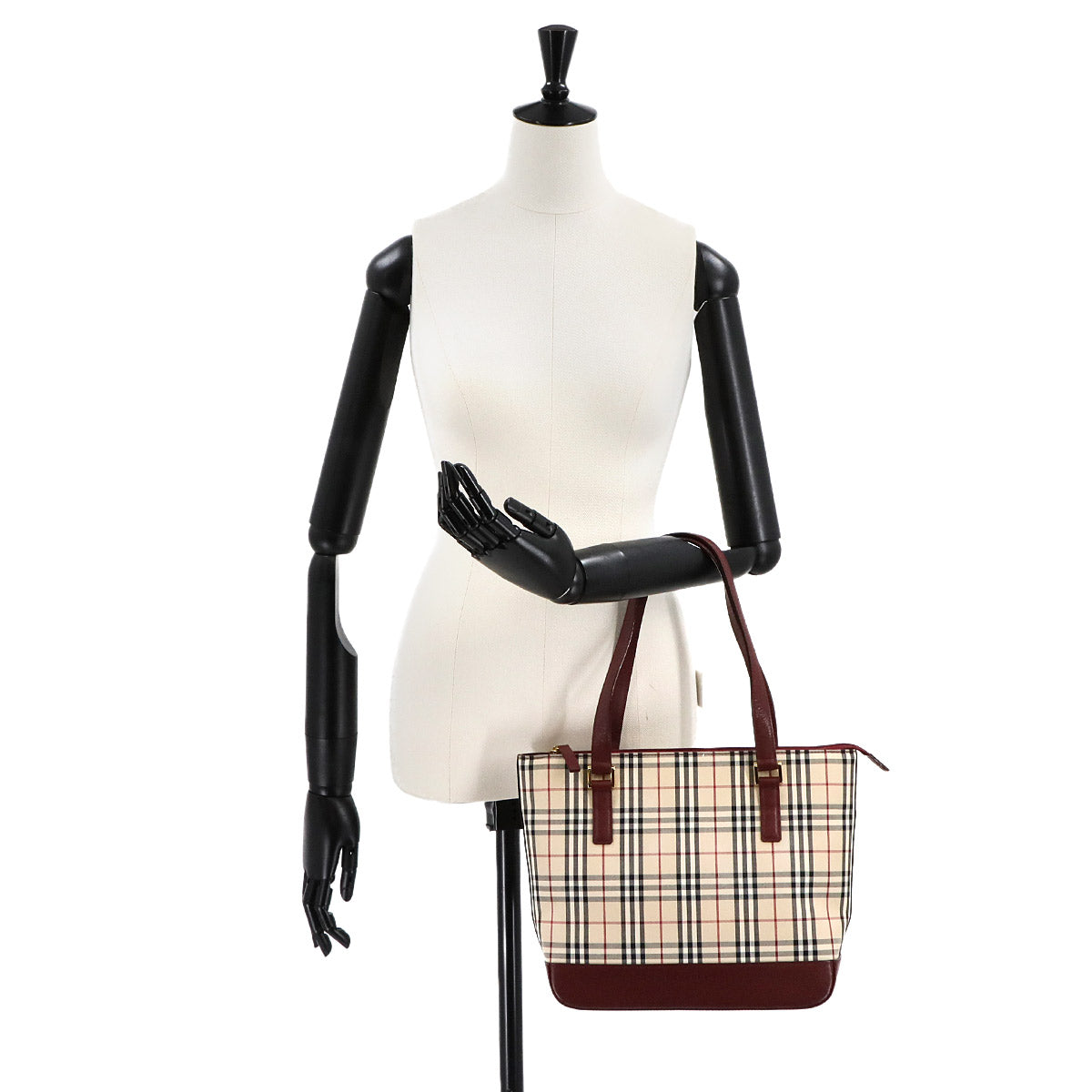 Plaid Hand Bag Canvas Leather Beige Red Purse