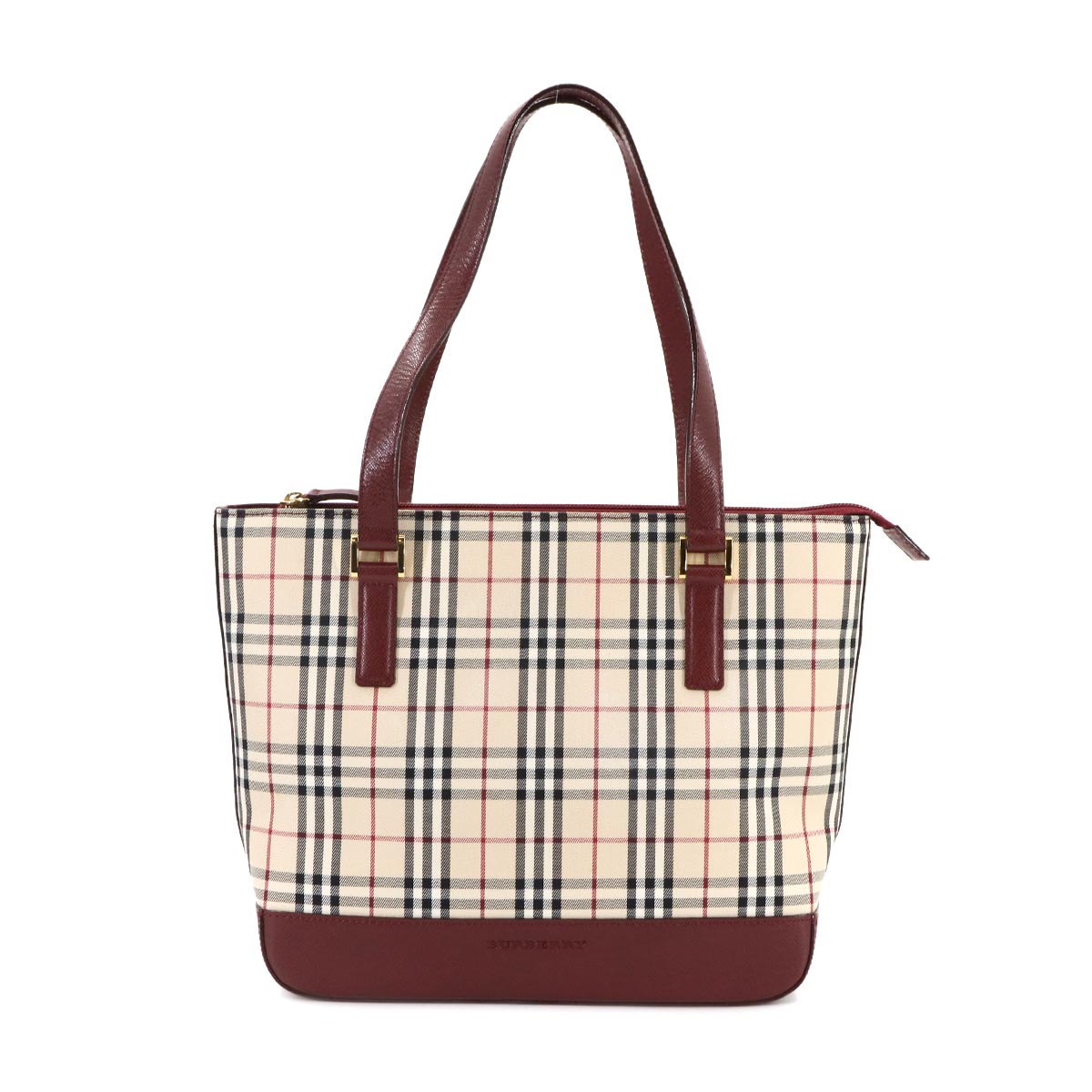 Plaid Hand Bag Canvas Leather Beige Red Purse