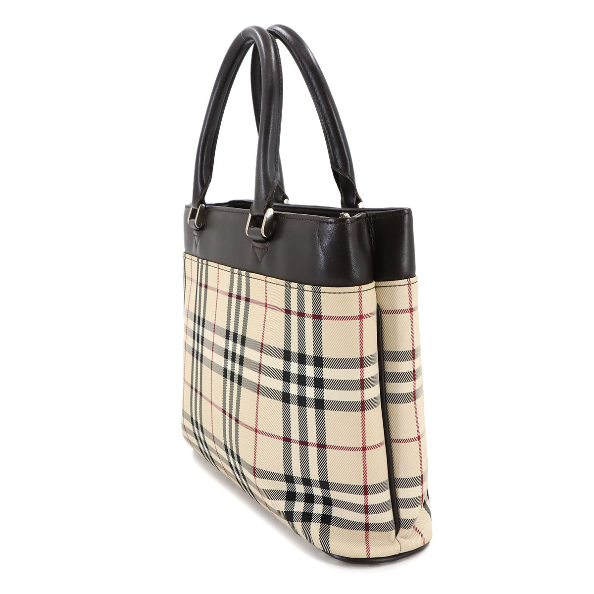 Plaid Hand Bag Canvas Leather Beige Brown Purse