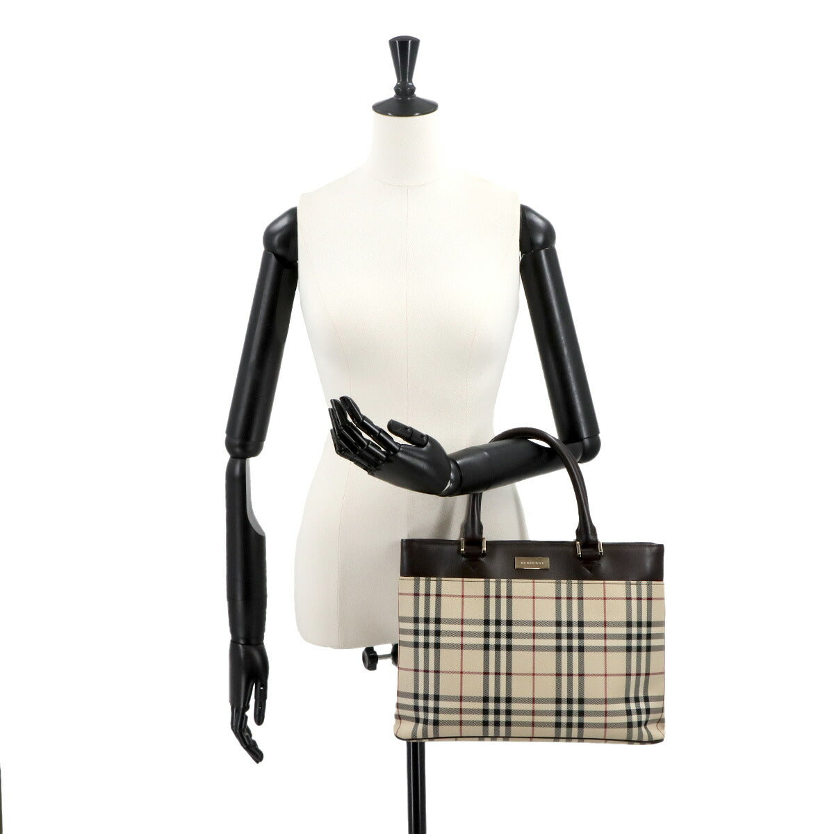 Plaid Hand Bag Canvas Leather Beige Brown Purse