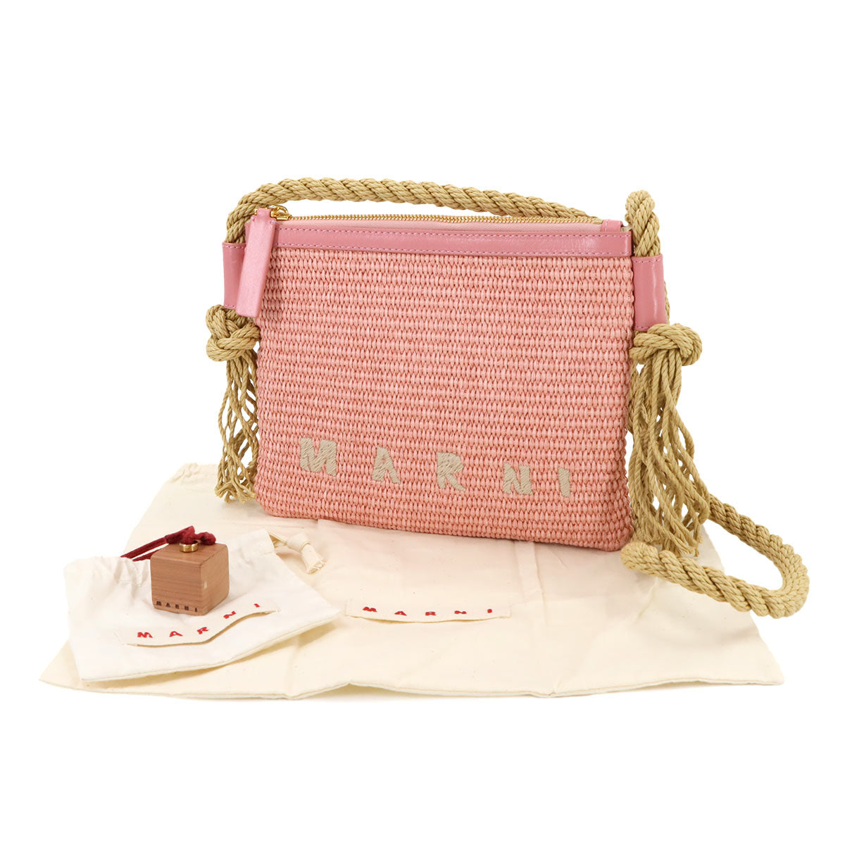 Shoulder Bag Raffia Leather Pink Beige Purse