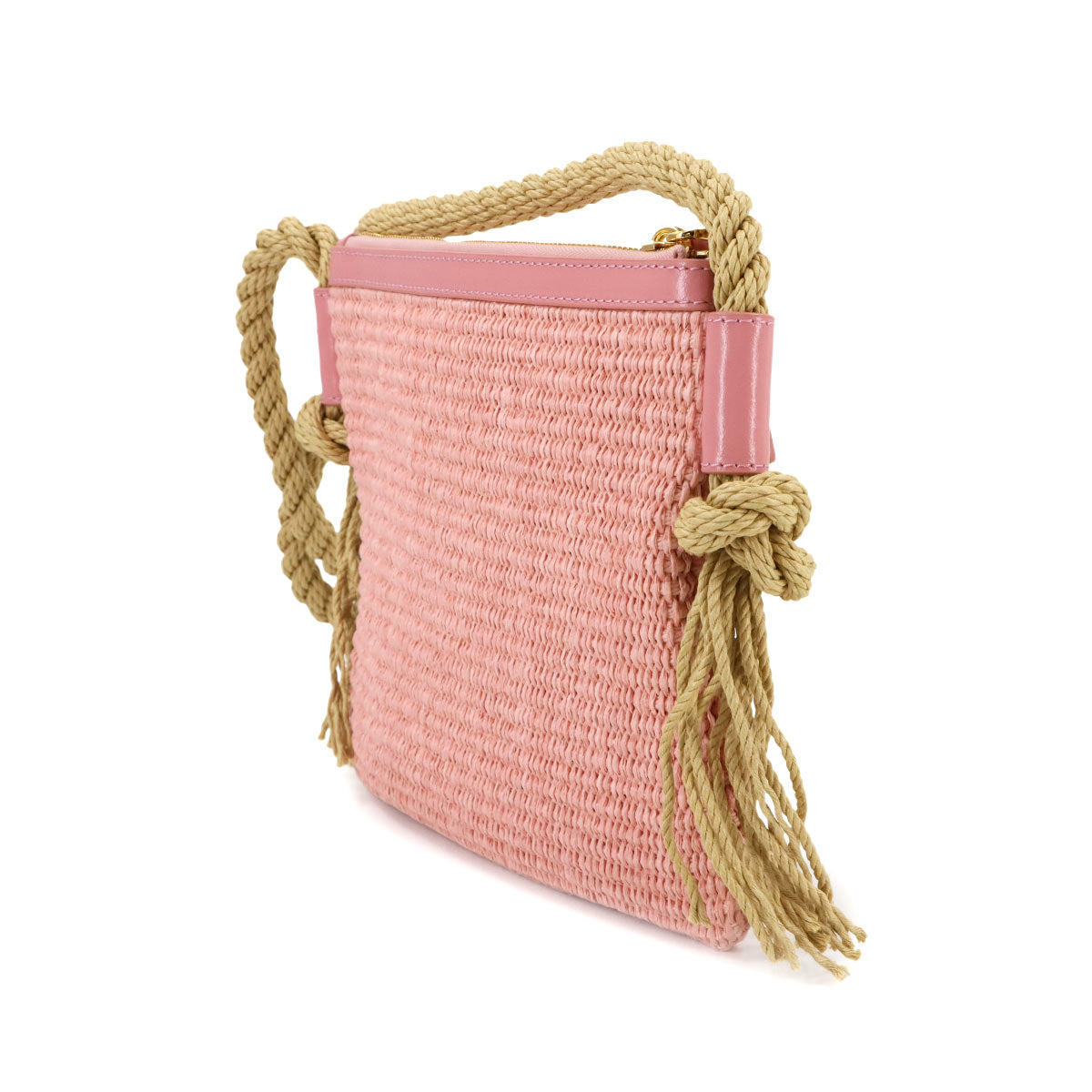Shoulder Bag Raffia Leather Pink Beige Purse