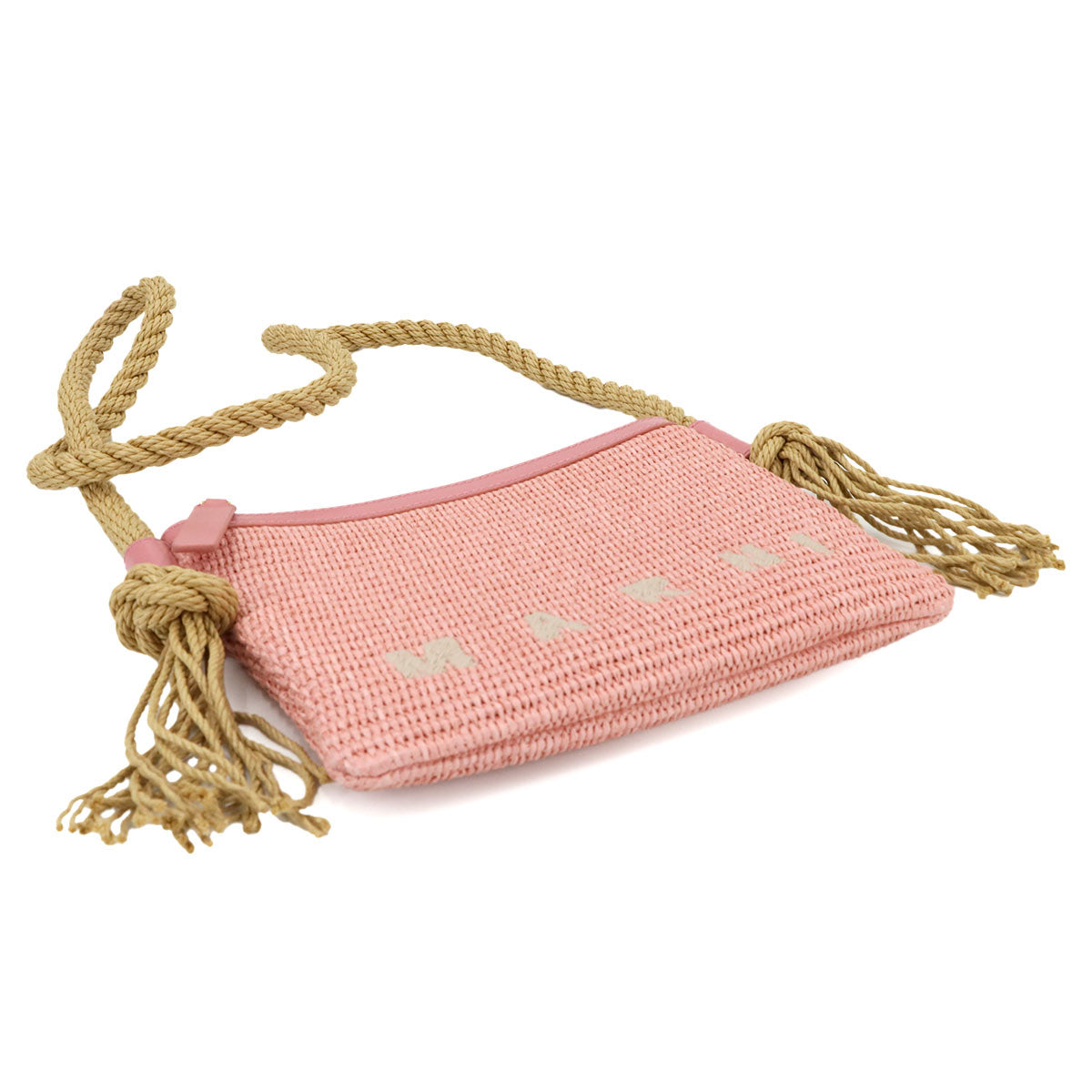 Shoulder Bag Raffia Leather Pink Beige Purse