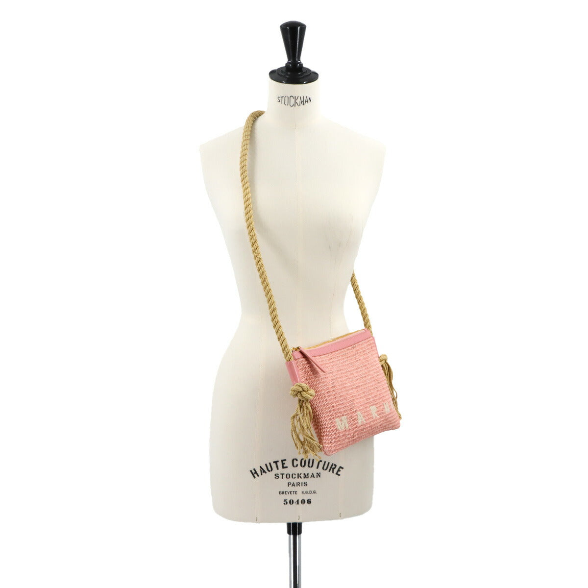 Shoulder Bag Raffia Leather Pink Beige Purse