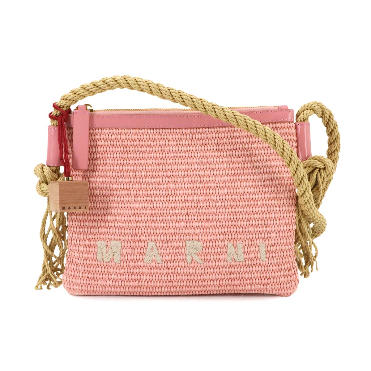 Shoulder Bag Raffia Leather Pink Beige Purse