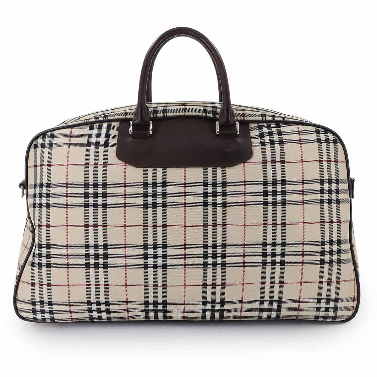 Plaid Boston Shoulder Bag Canvas Leather Beige Brown