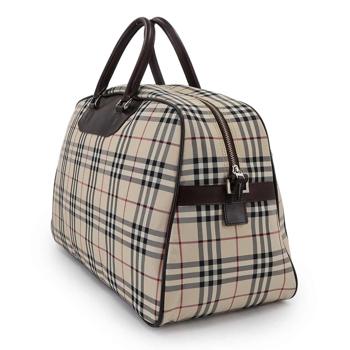 Plaid Boston Shoulder Bag Canvas Leather Beige Brown