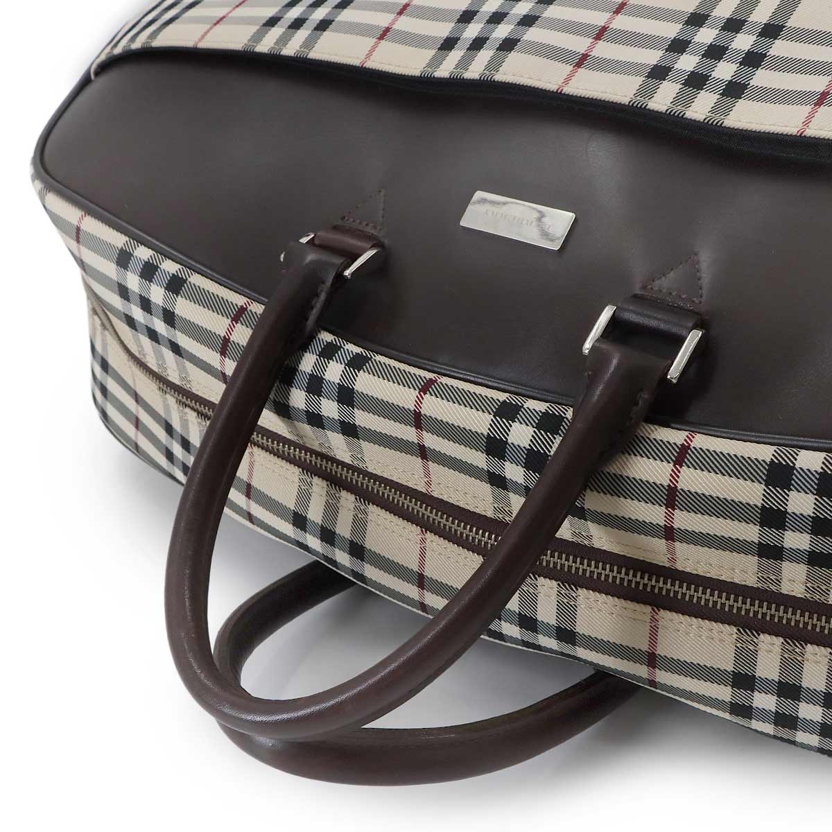 Plaid Boston Shoulder Bag Canvas Leather Beige Brown