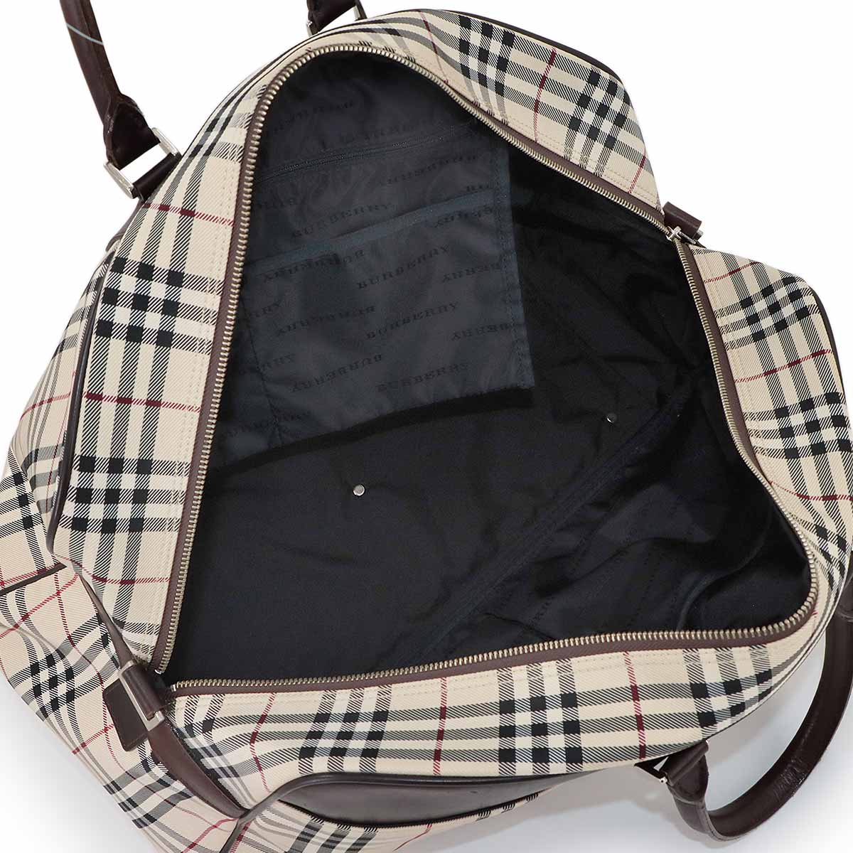 Plaid Boston Shoulder Bag Canvas Leather Beige Brown
