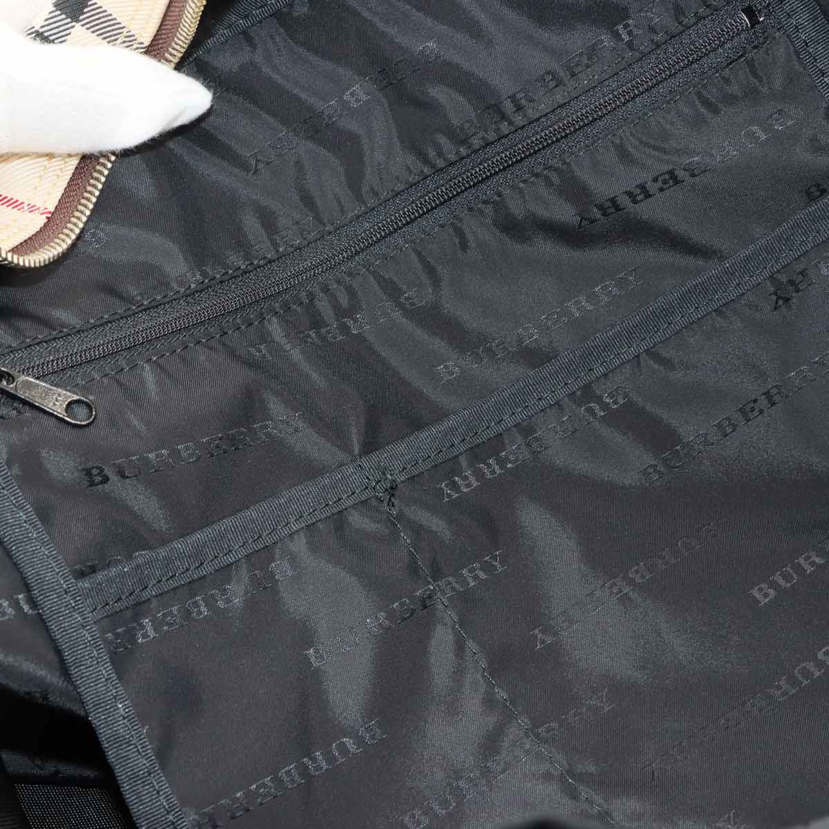 Plaid Boston Shoulder Bag Canvas Leather Beige Brown