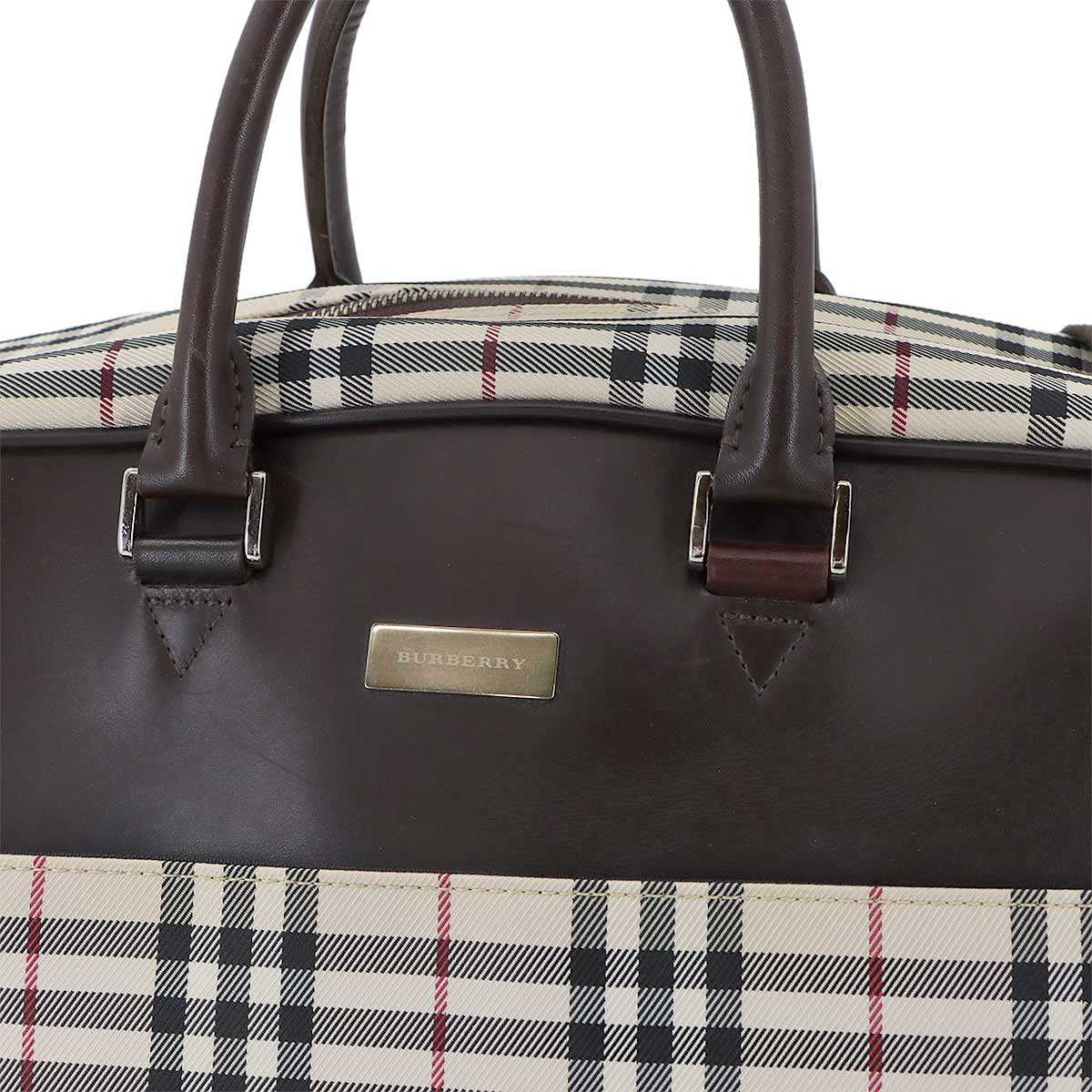 Plaid Boston Shoulder Bag Canvas Leather Beige Brown