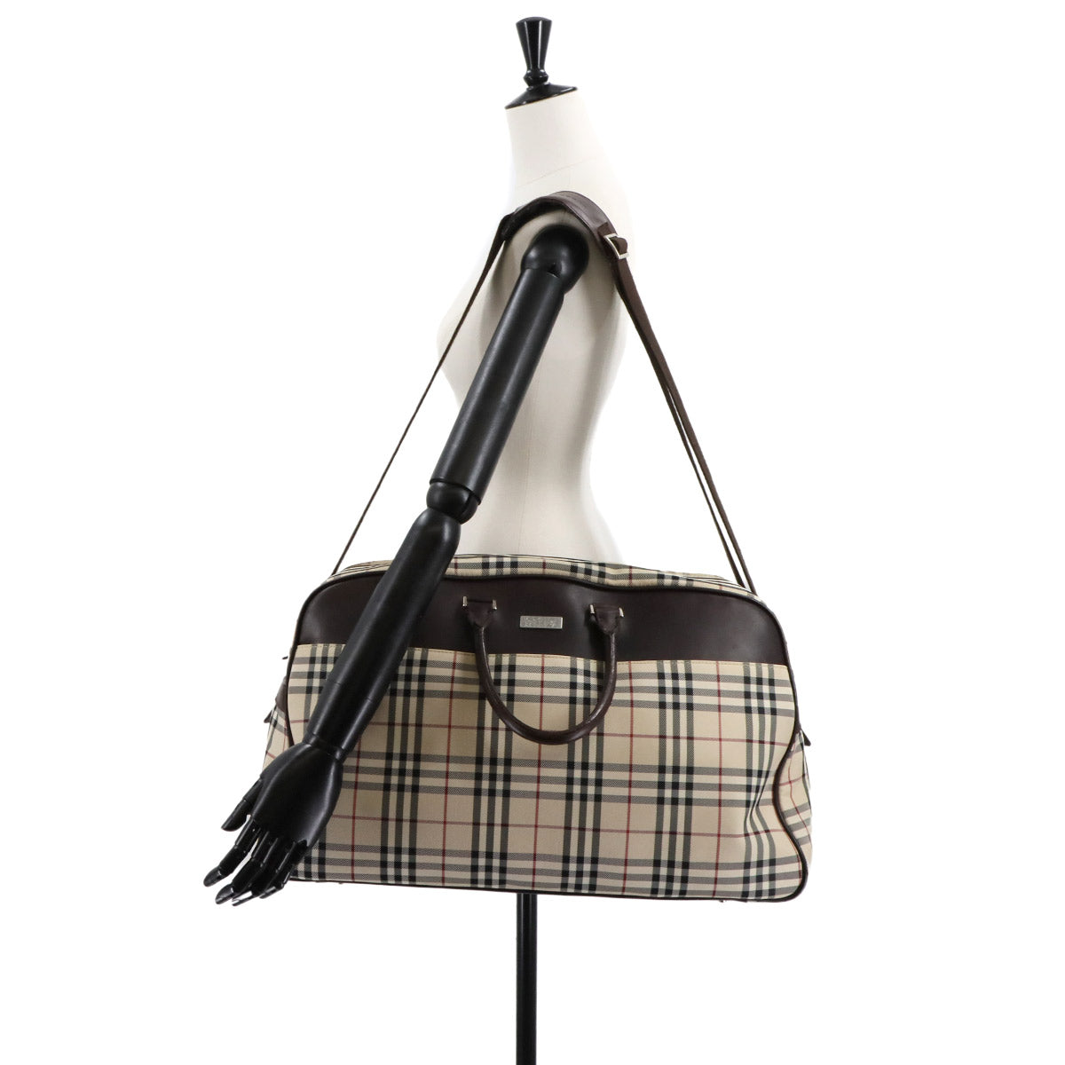 Plaid Boston Shoulder Bag Canvas Leather Beige Brown