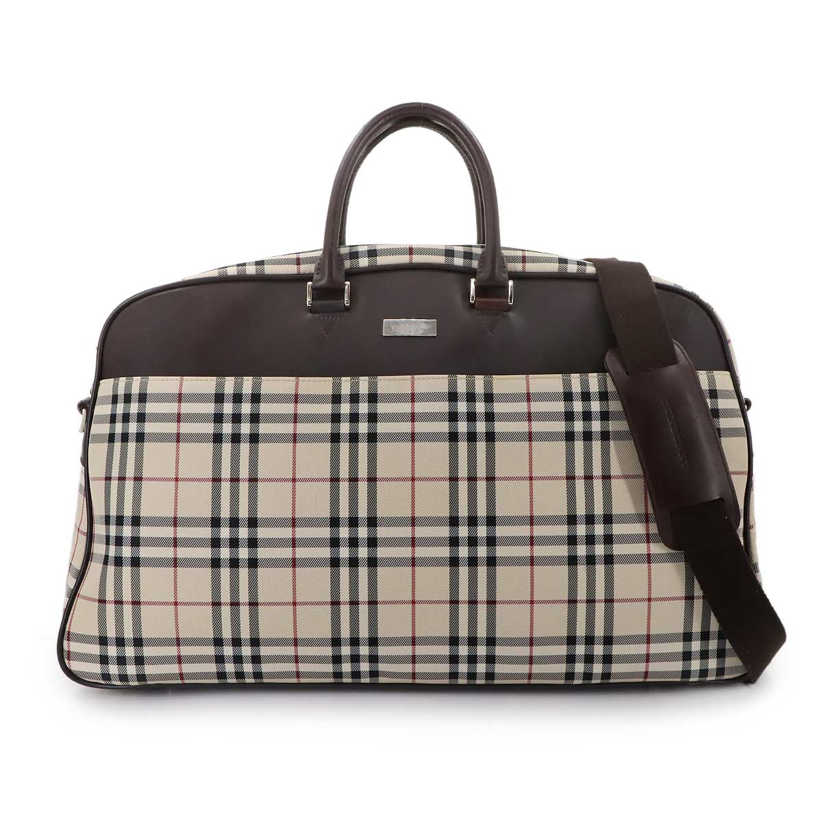 Plaid Boston Shoulder Bag Canvas Leather Beige Brown