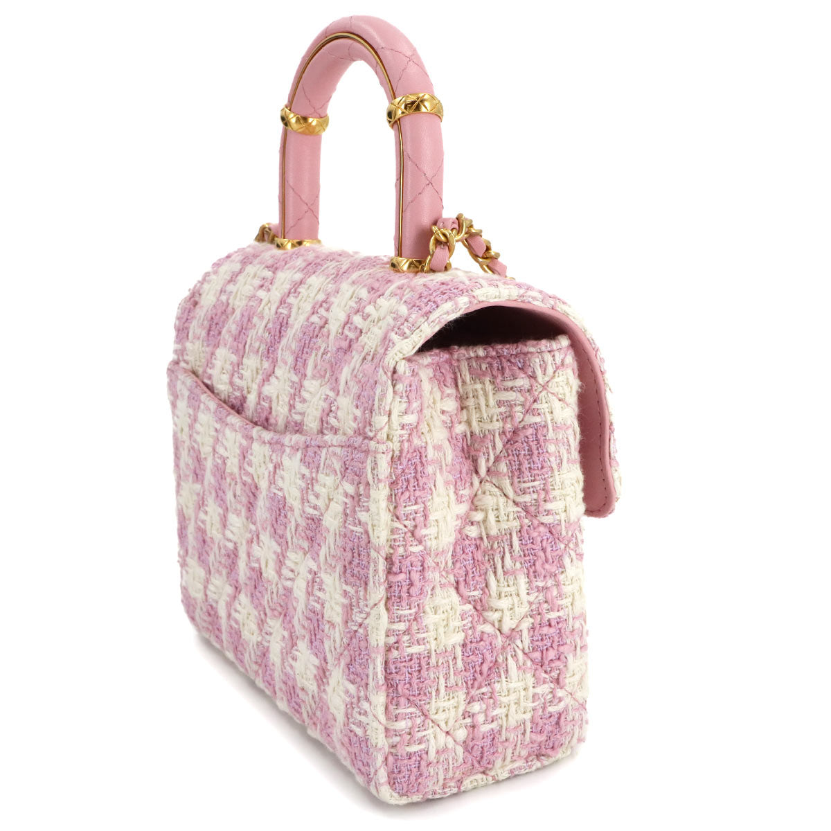 Matelasse Hand Chain Shoulder Bag Tweed Leather Pink AS4035