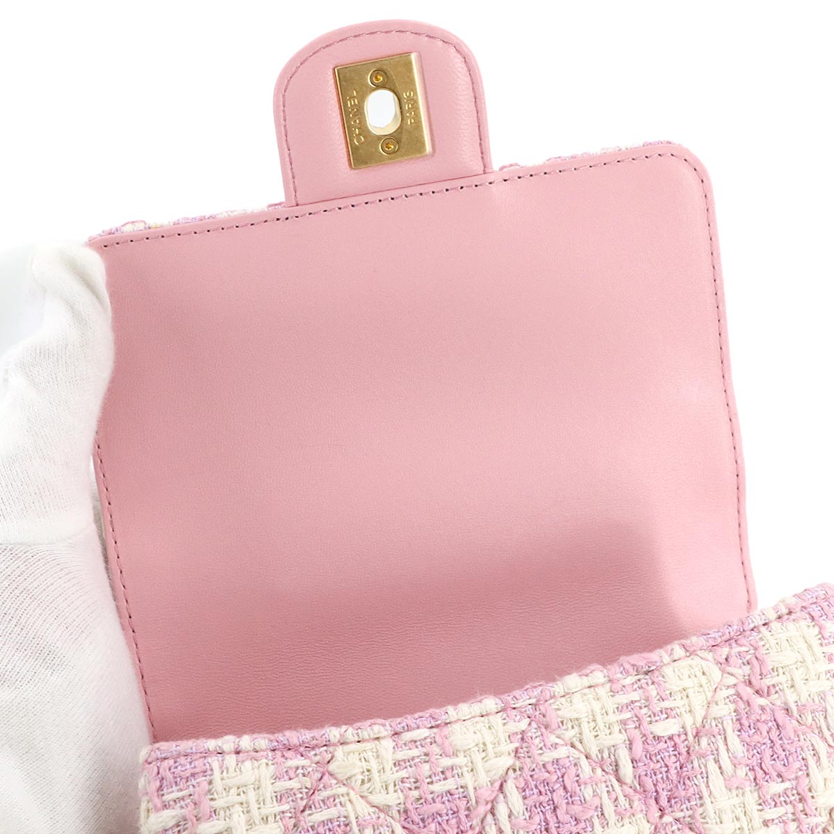 Matelasse Hand Chain Shoulder Bag Tweed Leather Pink AS4035