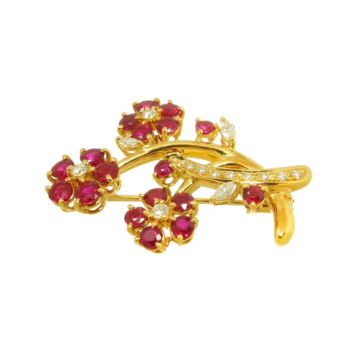 Ruby 3.05ct Diamond 0.40ct Flower Brooch 18K YG 750