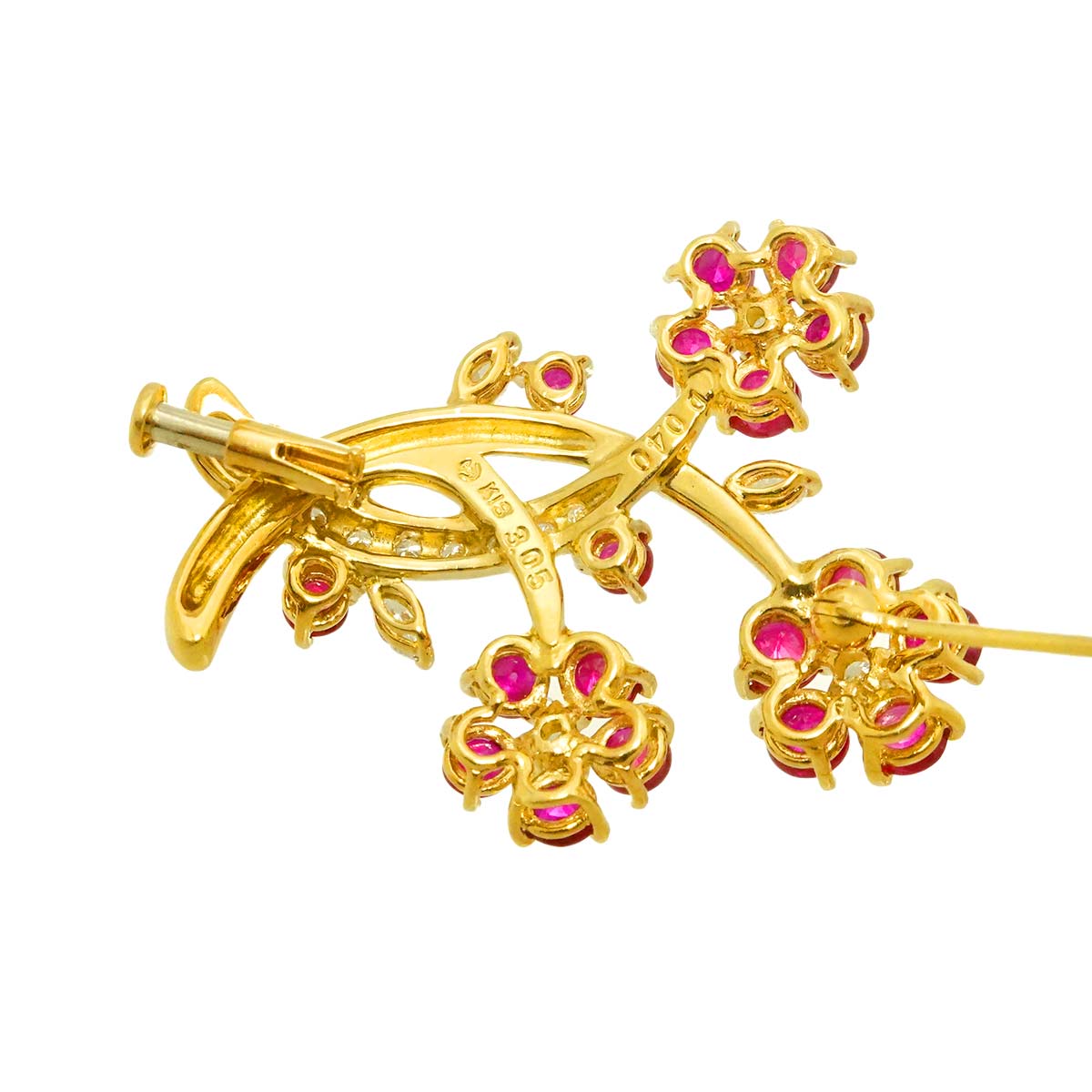 Ruby 3.05ct Diamond 0.40ct Flower Brooch 18K YG 750