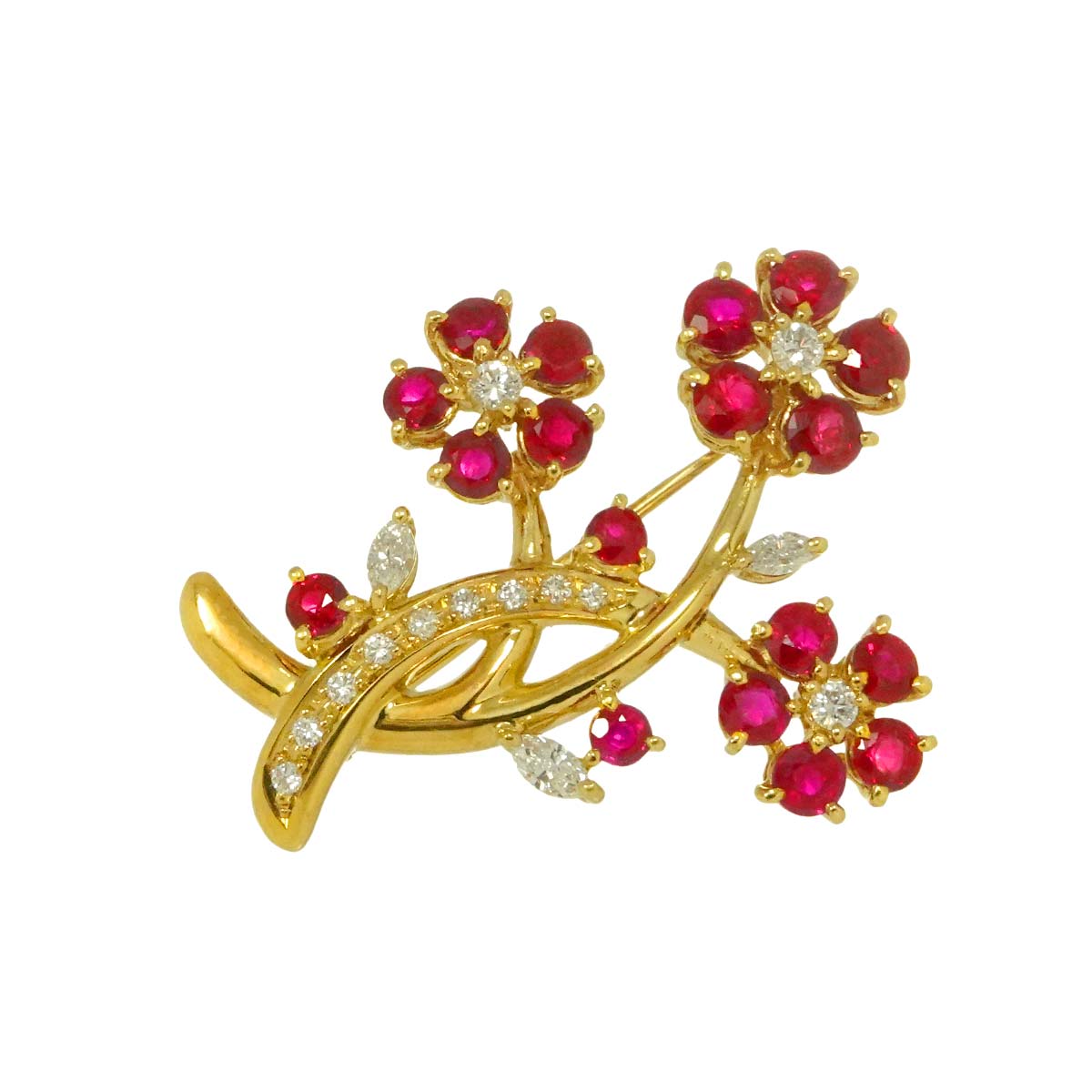 Ruby 3.05ct Diamond 0.40ct Flower Brooch 18K YG 750