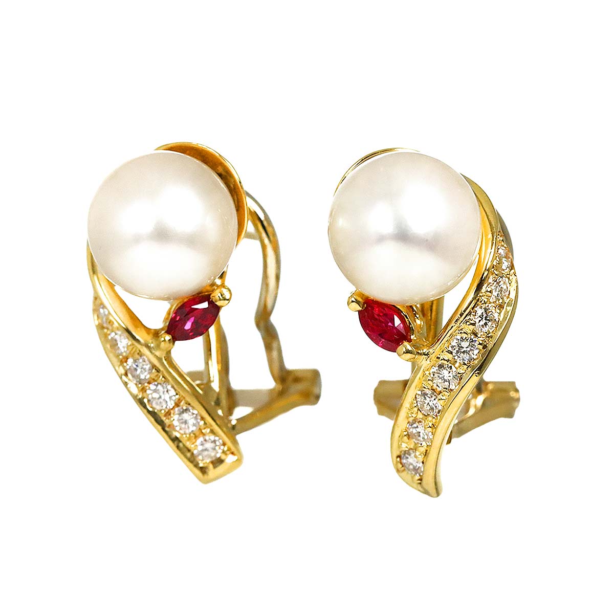 Akoya Pearl 7.8mm Diamond Ruby Earrings Pierced 18K YG 750