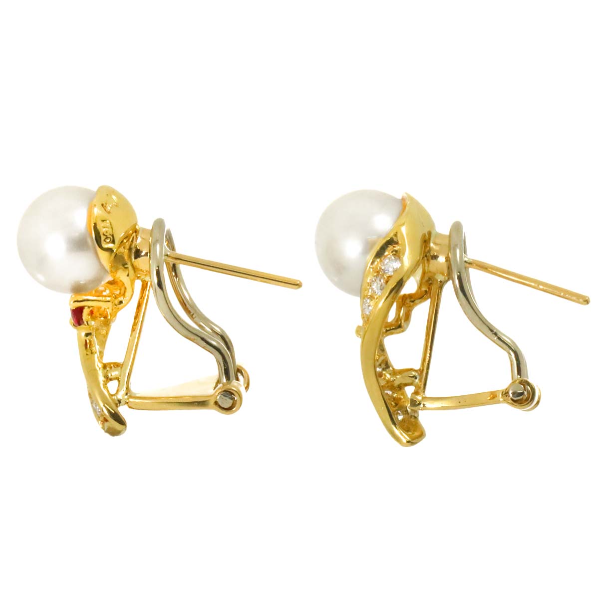 Akoya Pearl 7.8mm Diamond Ruby Earrings Pierced 18K YG 750