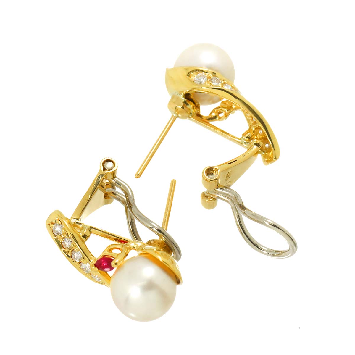 Akoya Pearl 7.8mm Diamond Ruby Earrings Pierced 18K YG 750