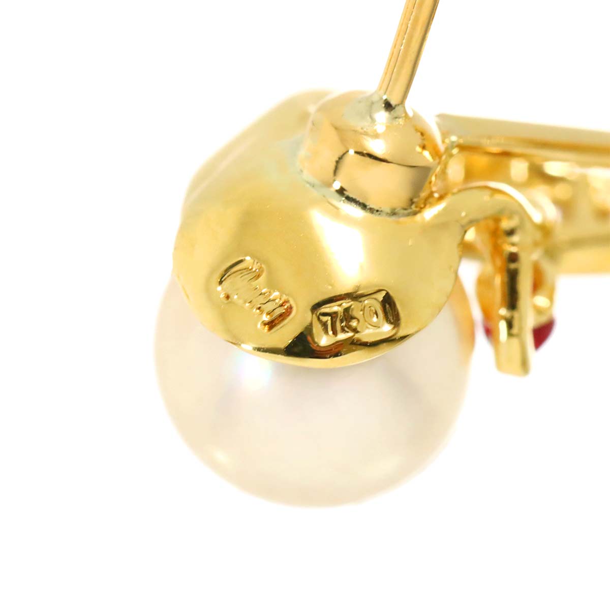 Akoya Pearl 7.8mm Diamond Ruby Earrings Pierced 18K YG 750