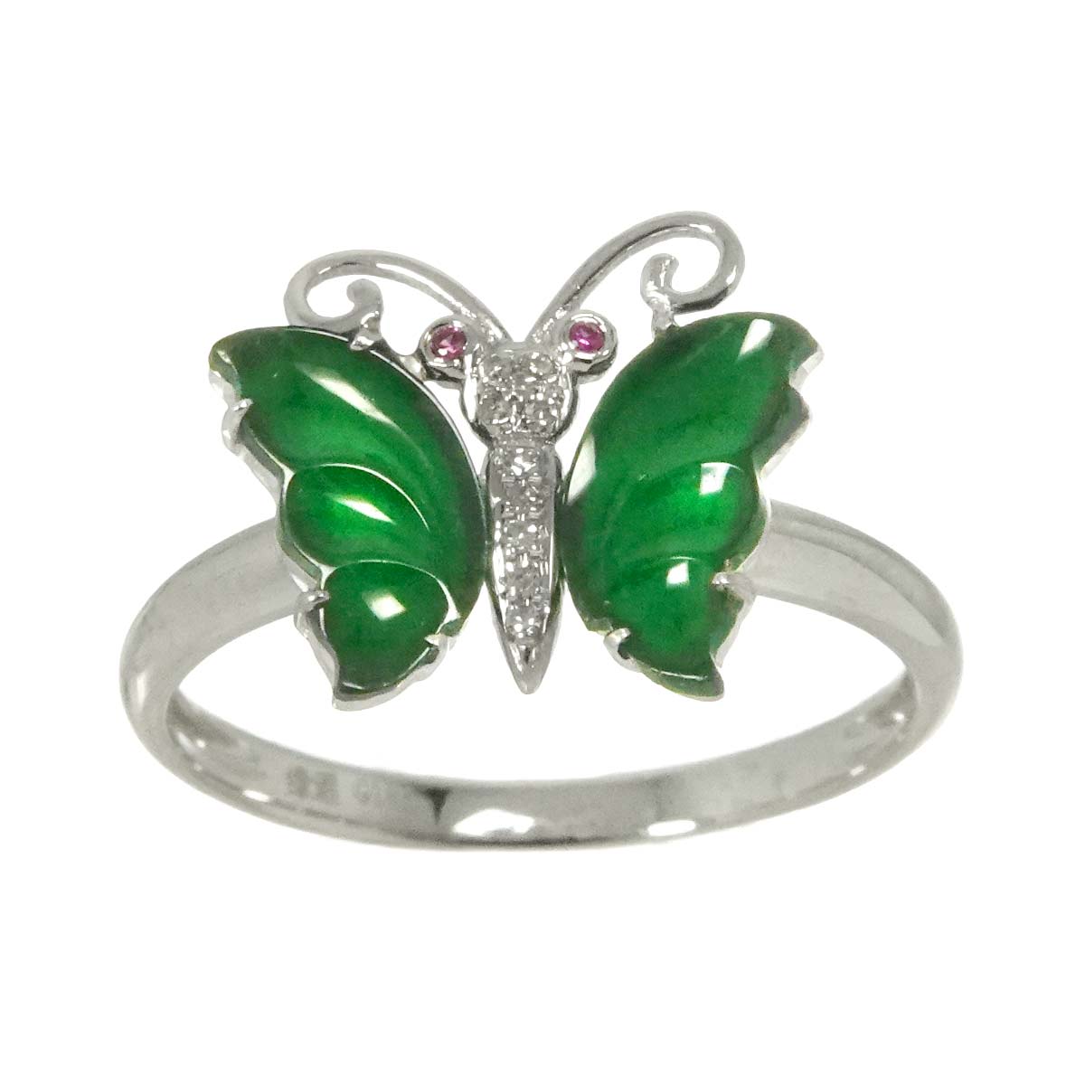 Jade Diamond Ruby Ring 18K WG White Gold 750 size6.25-6.5(US)
